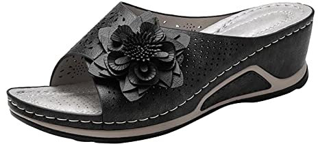 2023 Sandales Chic Élégante Vacances Compensées Bout Ouvert Mules Chaussures de Plage Sandales Femme Été Confortable Élégantes Pantoufles Bohème Ete Pied Large Cuir Tongs