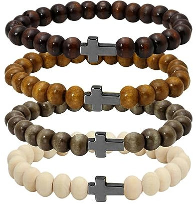 Manfnee 4Pcs Armband mit Kreuz 8mm natürlichen Holzperlen Männer Frauen Armband Fantasy Kruzifix Gebet Gelassenheit elastisch