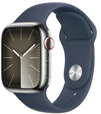 Apple Watch Series 9 (GPS + Cellular, 45 mm) Smartwatch mit Edelstahlgehäuse in Silber und Sportarmband S/M in Sturmblau. Fitnesstracker, Blutsauerstoff und EKG Apps, Always-On Retina Display
