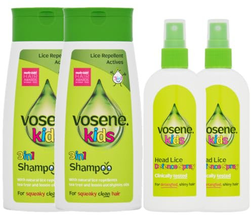 ABL Supplies Vosene Head lice shampoo for kids 4 pack | Lice repellent treatment | 2 Conditioning Defence Spray 150ml | 2 Shampoo 250ml