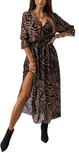 SEEKWISH Vestito Donna Elegante Estivo Lungo Mare Scollo a V Maniche Corte,Marrone,M