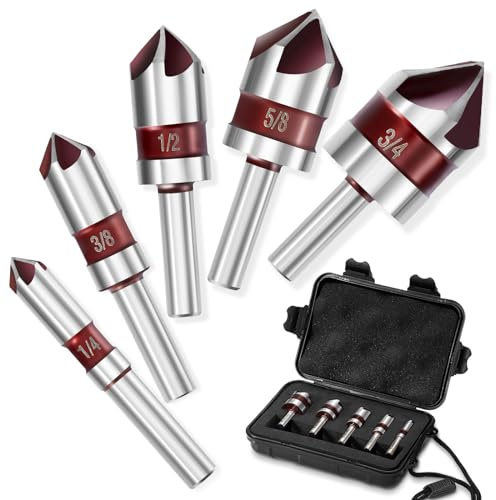 ColumPRO 5PCS Cobalt 5-Flute Countersink Drill Bit Set - Heavy-Duty M35 82-Degree Countersink Chamfer Tool Set for Metal,Stainless Steel,Copper,Wood,Fiberboard,Plastic,SAE 3/4”,5/8”,1/2”3/8”,1/4”