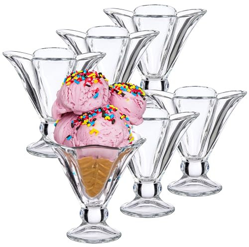 6-tlg. Set Eisbecher Mit Fuß - Eisschalen Aus Glas - Dessertschale - Glasschalen für Dessert - Puddingschale - Eisgläser - Schalen für Eiscreme (200 ml - 10,5 x 10,5 x 12 cm)