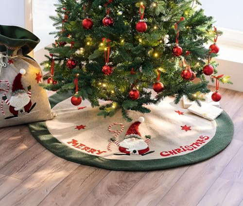 Dekoleidenschaft Christbaumdecke Wichtel Ø 122 cm, in weiß & grün, Weihnachtsbaum-Decke, Weihnachtsbaumständer-Hülle, Tannenbaumständer-Kragen, Christbaum-Rock