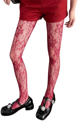 YUZIMEI Medias de malla para mujer, estéticas, vintage, con patrón de flores, mallas de malla ahuecadas, coloridas, color burdeos