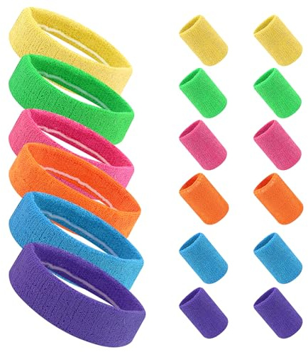 18 Bandeau de Sport Ensemble,6 couleurs,Bandeau éponge,Bracelet des années 80 Pour homme et femme,Basketball,Tennis,Gym,fluo