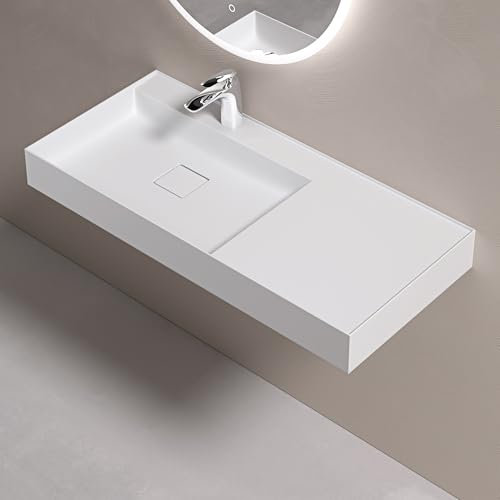 doporro Lavabo Suspendu avec Bonde Vasque à Poser Blanc Mat 100x46x12cm Lave Mains Rectangulaire avec Perçage de Robinet Colossum630