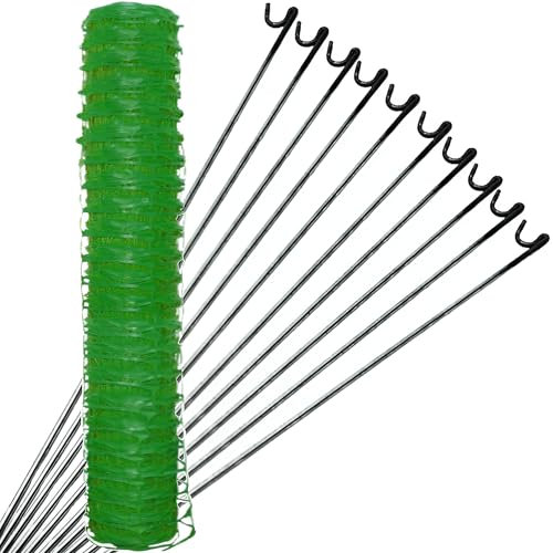 Green Plastic Mesh Fencing 1m x 50m and 10 Pins Heavy Duty - Tear Resistant, Temporary Safety Fence for Construction, Work Sites, Garden, Pet Barriers, and Event Fences