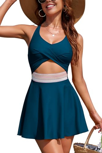 SHEKINI Maillot de Bain Femme Une Pieces Gainant Ventre Plat Maillots de Bain Jupe Col V Push Up Ceinture Contrastée Élégant Robe de Plage