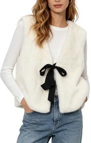 Amazhiyu Gilet en fausse fourrure pour femme - Gilet sans manches en fausse fourrure duveteuse pour l'hiver et le printemps - Cardigan décontracté à nouer - Gilet léger en fourrure, blanc, L