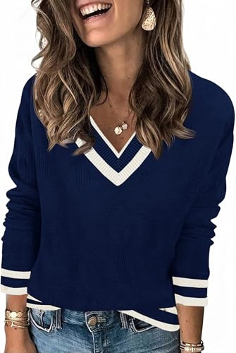 Saodimallsu Maglione da donna a maniche lunghe, con scollo a V, leggero, a righe, casual, per autunno e inverno, Blu scuro, S