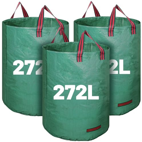 3 Pack 272L Garden Waste Bags with Handles, Heavy Duty Leaf Bin Bags | Reusable PP woven fabric, wide open with hoop, 4 handles, foldable for collecting rubble sacks, plant waste grass and Leaves