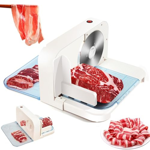 Cortadora de Carne Eléctrica, Espesor Regulable de 1 a 15 Milímetros, con Cuchilla Rebanadora Desmontable y Empujador de Alimentos, Adecuada para Rebanar Carnes Cocidas, Pan y Queso