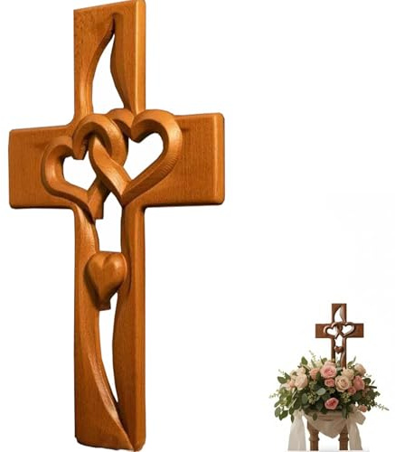 Croce in legno intagliata a mano con cuori intrecciati – Croce per matrimonio da parete, a forma di cuore, in legno, decorazione da parete per matrimonio, anniversario e regalo per la casa (marrone