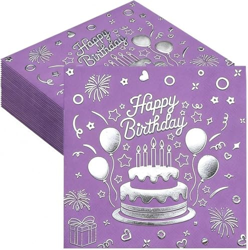 Serviettes en papier violet « Happy Birthday » avec feuille d'or, jetables, pour fête d'anniversaire, décoration élégante avec motif de gâteau et de ballons, fournitures de fête pour adultes (violet