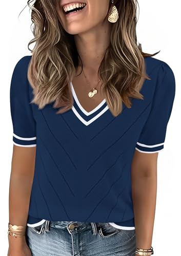 Rapbin Pull à manches courtes bouffantes pour femme - Col en V - Vêtement d'été décontracté - Pull de travail, Bleu marine/blanc/rayures, S