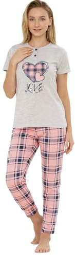 vittorio y Pigiama Donna Estivo Due Pezzi in Cotone Morbido con Top Manica Corta e Pantaloni Lunghi Leggero e Confortevole 1050 (IT, Testo, S, Regular, Regular, Grigio)