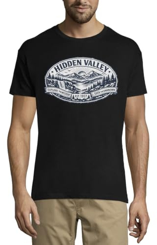Scenic Mountain Valley med vattenfall utsikt rund hals bomull herr t-shirt svart