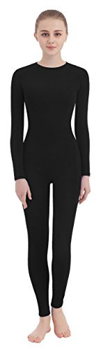 SUPRNOWA Women's Jumpsuit Bodycon Crew Neck Footed Unitard Long Sleeve Bodysuit with Zipper Comfortable Spandex One-Piece Dance Costume (M, Black Footless)