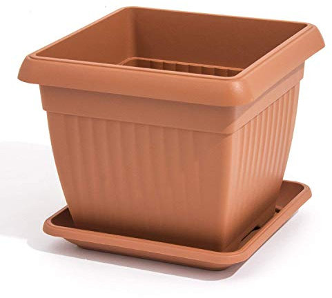 PAFEN Pot de fleurs carré avec soucoupe, 30 x 30 cm, marron terre cuite