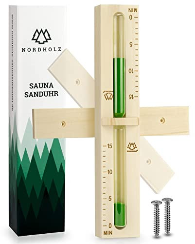 15 Minuten Sauna Sanduhr aus 100% nordischer Fichte mit robustem hitzebständigem Glas & dunkelgrüner Kontrastfarbe + 2 Edelstahl Schrauben - Hochwertiges Aufguss Zubehör (Sauna Sanduhr)