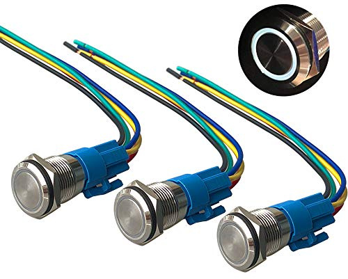 QitinDasen 3Pcs Premium 12V / 24V 5A Interruttore a Pulsante Momentaneo, 16mm Interruttore a Pulsante in Metallo con LED Bianca, Interruttore Avviamento Auto in Acciaio Inossidabile impermeabile