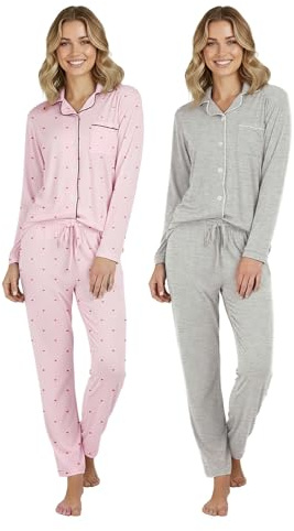 Real Essentials 2 Pack: Women's Soft Pajama Set | Button Down Top And Lounge Sleep Pj Pants | Matching Sleepwear