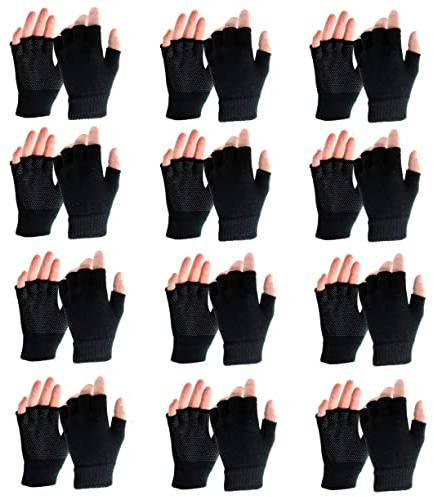 12 Pairs Black Boys Mens Girls Women Warm Anti Slip Half Finger Gripper Fingerless Gloves