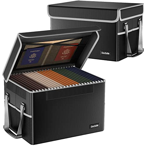 DocSafe File Box Fireproof File Storage Organizer with Lid,Collapsible Document Storage Filing Case for Hanging Letter/Legal Folders,Portable Home Office Safe Cabinet with Handle,Black,2 Pack
