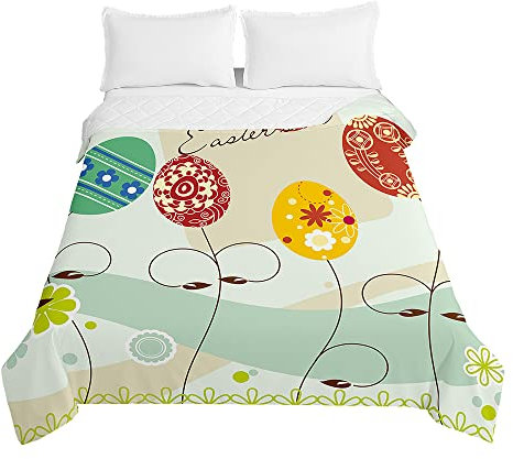 Surwin Couvre Lit Matelassé pour 1 ou 2 Personnes, Réversible Dessus de Lit Impression d'Oeuf de Pâques 3D Couverture de Lit Doux Microfiber Jeté de Lit Couvre-lit (200x230cm,DIY-Oeufs)