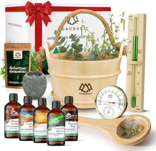 NORDHOLZ® Sauna Zubehör Set XXL inkl. 5x100ml Sauna Aufgussmittel + 50Gr Mentholkristalle Sauna + Sauna Sanduhr + Sauna Hygrometer + Sauna Aromaschale - Mentholkristalle Sauna - Sauna Zubehör Geschenk