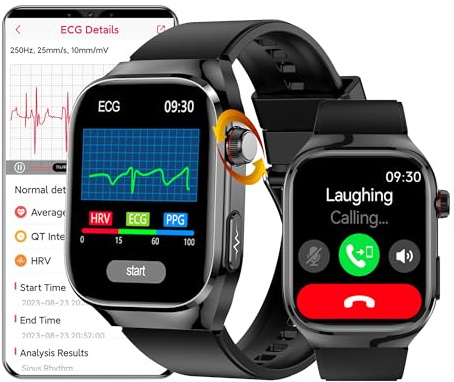 DigiKuber EKG Smartwatch mit Wähl/Anrufannahme, 2,04 Zoll AMOLED wasserdichte Smart Watch mit ECG, Blutdruck, SpO2, Herzfrequenz, Nachricht Anruferinnerung für Android iOS (Schwarz)
