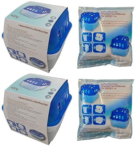 BURI 2 deumidificatori granulati con 2 sacchetti di ricarica da 400 g, deumidificatore per ambienti con vaschetta di raccolta, tappo per l'umidità, deumidificatore, riutilizzabile