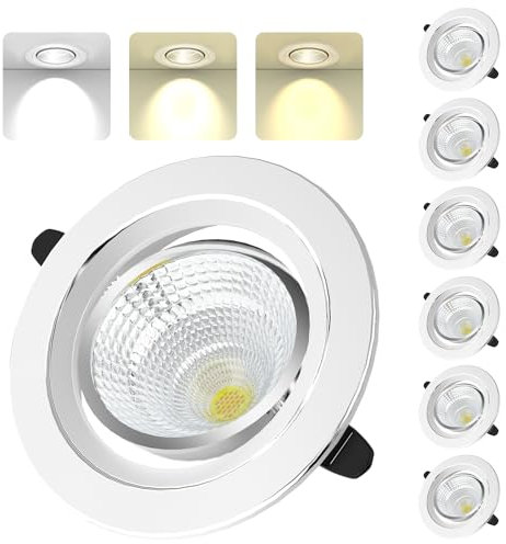 LED Einbaustrahler 230V Dimmbar, 6W Einbaustrahler LED Warmweiß 3000K Naturweiß 4500K Kaltweiß 6500K Deckenspots IP44 LED Spots Lochmass75-85mm Schwenkbar Einbauspots für Küche Badezimmer, 6er Set