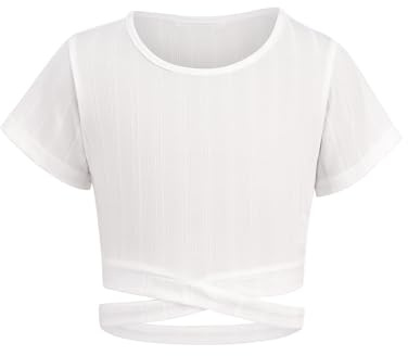 Arshiner Filles T-Shirts Courte Crop Top Enfants Croix Croisée Révèle la Taille Manches Courtes Mode Été Tee Tops Col Rond Shirt Casual Élégant Tshirts pour Fille 9-10 Ans Blanc