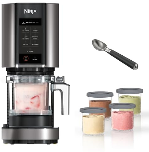 Ninja CREAMi 7 Pre-Set Programme Ice Cream & Frozen Dessert Maker With 5 Additional Dessert Tubs With Lids And Ice Cream Scoop (NC300UKCO) - Black & Silver