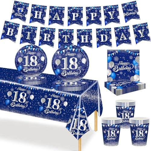 MORAINJAY Ensemble de Vaisselle Anniversaire 18 Ans 70 Pièces, Assiettes En Papier Marine, Tasses, Serviettes, Bannières en Papier, Décoration De Table Anniversaire 18 Ans Pour Homme Femme