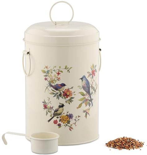 Navaris Bird Seed Storage Container - Metal Pet Food Box with Lid & Handles - Includes Handy Scoop - Outdoor Containers for Birdseed, Chicken Feed, & More - Cream with Bird Design