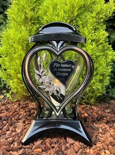 Lampe funéraire en forme de cœur avec motif floral, cœur avec texte – Pour toujours dans nos cœurs – Couleur : argenté – Bougie avec bougie sans socle