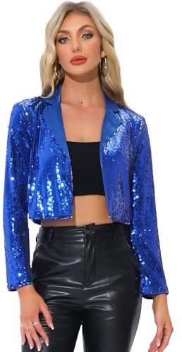 Allegra K Veste à Paillettes pour Femme Col à Revers Ouvert sur Le Devant Blazer Scintillant Cardigan à Sequin Tenu de Fête Bleu L