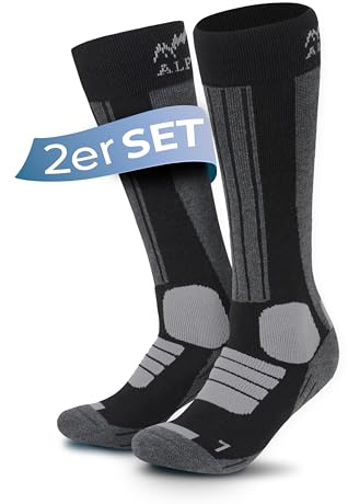 Alpenwert MERINO Skisocken [2 PAAR] für Herren, Damen und Kinder, 35-38, 39-42, 43-46 warme Skistrümpfe Wintersocken Skifahren/Snowboarden DE/NL/SE/PL, Numerisch, 35, 38, Regular, Regular, Schwarz