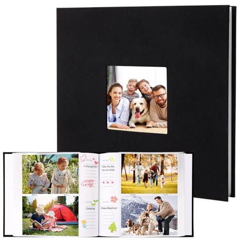OWill Album Photo en Lin 10x15 cm avec 100 Pochettes pour 200 Photos, Classeur avec Espace Auto-conçu pour Mariage, Bébé, Voyage - Noir 22x22 cm