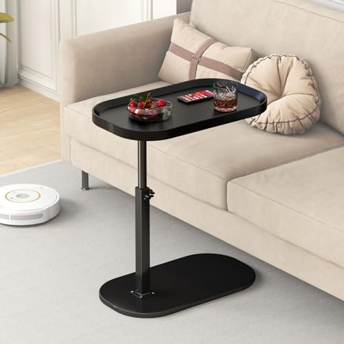 Adjustable Height C Shaped Side Table, 360°Swivel under Sofa Table, Small Laptop Tv Tray Narrow Desk for Sofa and Bedside, Lift up Coffee Dinner Snack Tea Table for Living Room Bedroom (black)