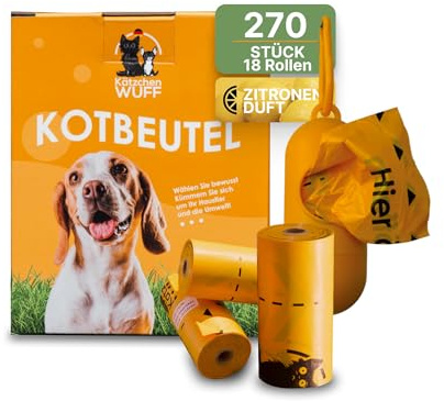 Kätzchen Wuff Sacchetti per escrementi per cani, con dispenser e porta sacchetti per guinzaglio, 270 pezzi (18 rotoli) con profumo di limone, extra resistente agli strappi, igienici, adatti a tutti i