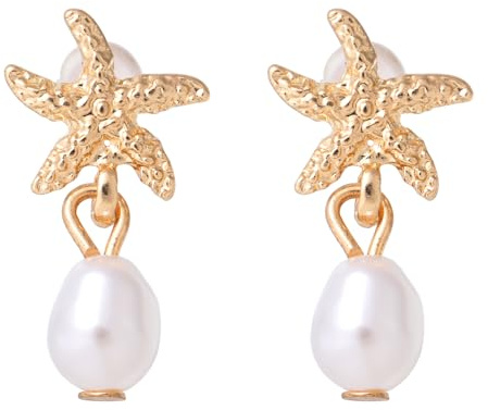 Mikovivi Boucles d’Oreilles Étoile de Mer pour Femme, Clous Coquillage Dorés Pendants Épais pour Bijoux d’Été à la Plage