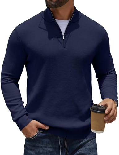 COOFANDY Pull Zippé Homme Col Roulé Sweat à Manches Longues Pulls Tricoté en Maille Pull Col Montant Classique Finement Côtelé 1/4 Pullover Sweater Hiver Chaud Bleu Violet L