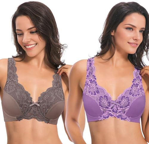 Curve Muse - Sujetador con Aros sin Forro Minimizer para Mujer con Bordado de Encaje-Paquete de 2-Brown,Lavender-95D