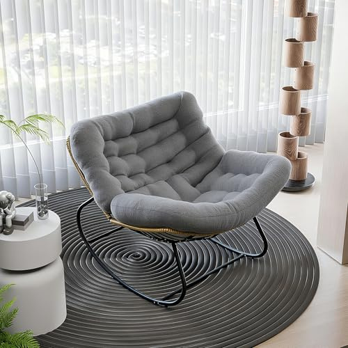 AuraFurn Fauteuil à bascule ergonomique, extra large, en rotin, avec coussin d'assise extra épais, idéal pour balcon, jardin et salon, charge maximale : 140 kg (gris)