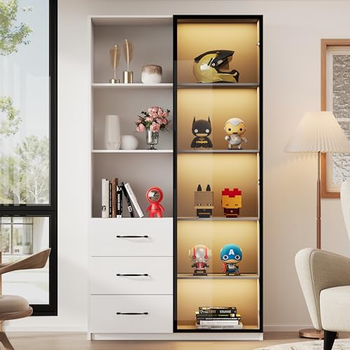 Lexiou Vetrina LED Libreria con anta in vetro temperato e illuminazione a LED, 3 cassetti e 3 scomparti aperti, telaio in alluminio, LED multicolori, mobili da cucina (80 x 40 x 160 cm)