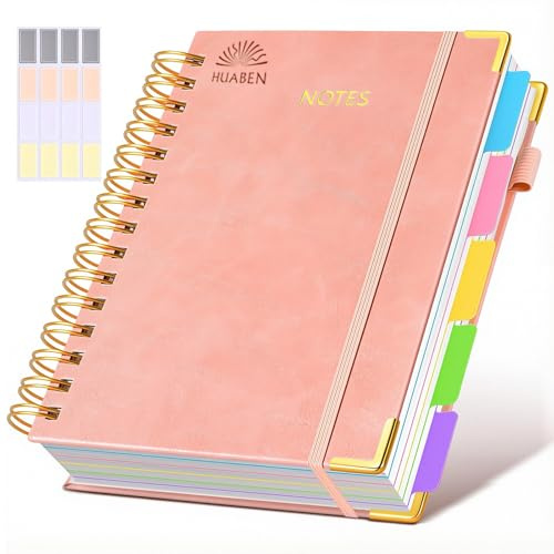 AmzDaKai A5 Spiral Notebook with Dividers, Leather Hardcover 5-Subject Organiser – 300 Pages, 100GSM No-Bleed Paper, College Ruled for Work, School & Notes (Pink)